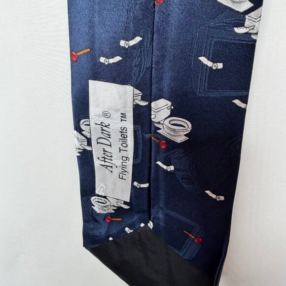 After Dark Men’s Neck Tie 3 3/4” Blue Silk “Flying Toilets” Novelty Necktie - Picture 7 of 8